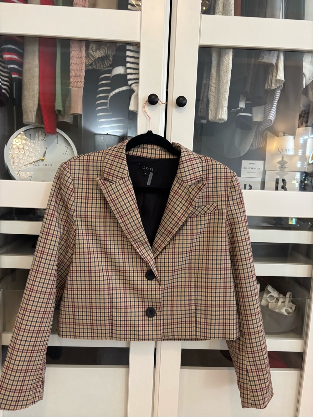 STATE Cropped Plaid Blazer in Beige, Burgundy and Navy